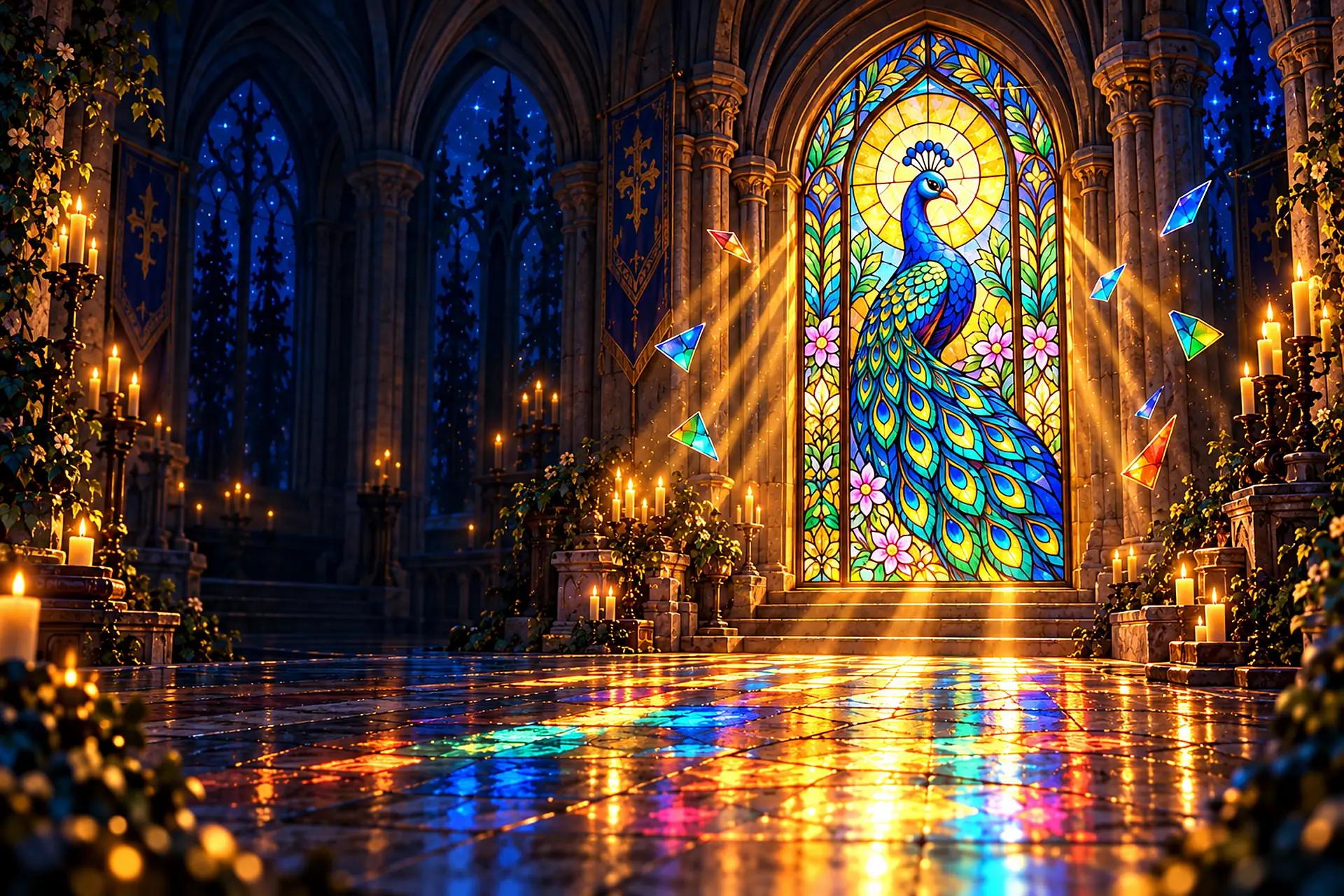 A glowing peacock stained-glass window, one of the jigsaw puzzles in Leadlight, lights a candle-lit cathedral at night