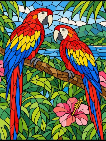 Parrots, a stained-glass jigsaw window from the Animals pack