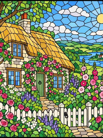 Rose Cottage, a stained-glass jigsaw window from the Garden & Cottages pack