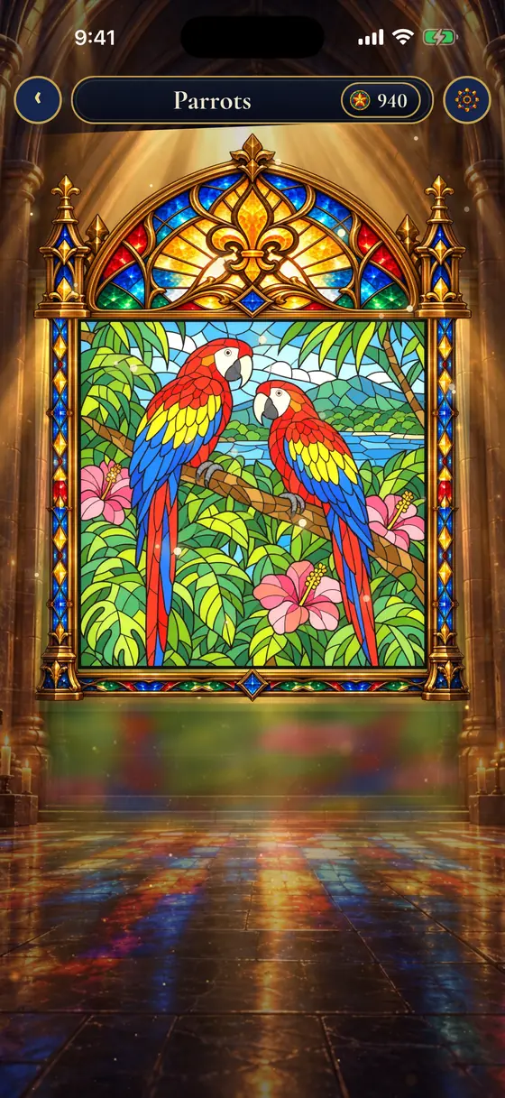 A finished Parrots window glowing in the Leadlight cathedral