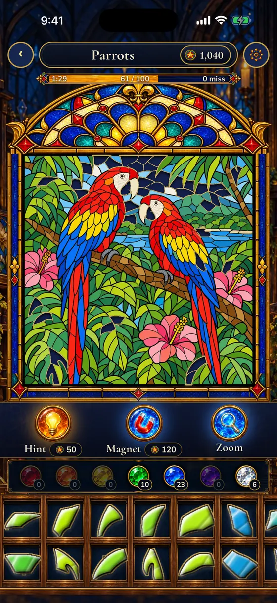 Leadlight gameplay: a half-built Parrots window with the tray of glass pieces below